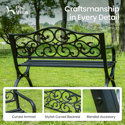 PHI VILLA 50-Inch Cast Iron Steel Frame Garden Bench Outdoor Patio Bench Chair w/Floral Design Backrest, Slatted Seat for Park, Yard & Porch, Black