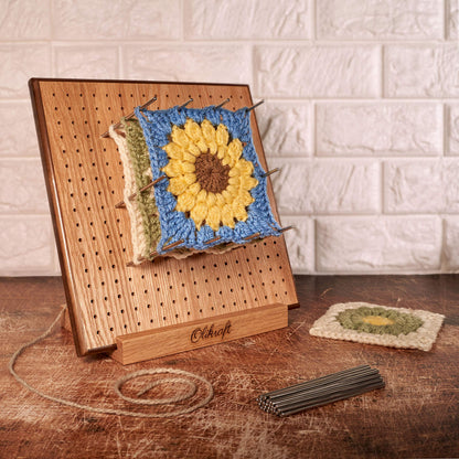 Olikraft 8-Inch Crochet Blocking Board with 50 Pins and 7-Pack Digital Row Counters - Red Oak Wood Blocking Tool and Compact Stitch Tracking Accessories