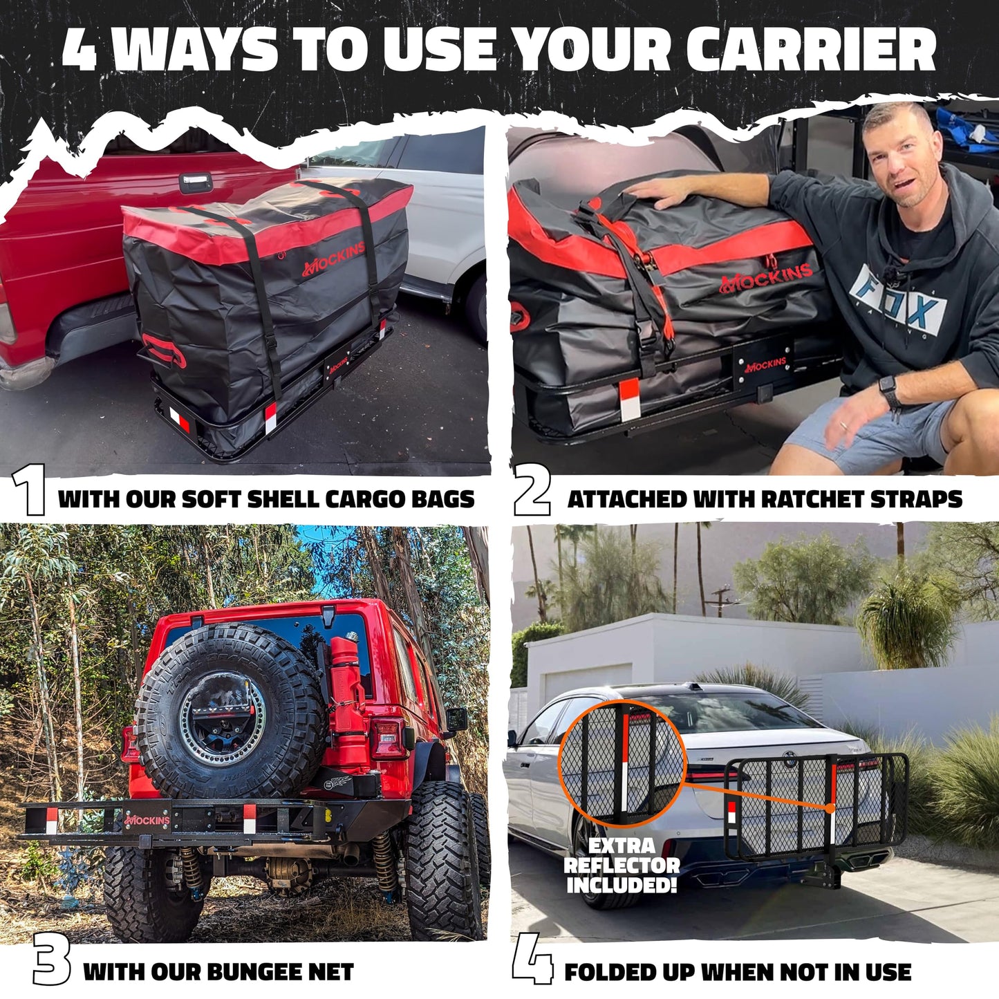 Mockins 48"x18"x6" Folding Trailer Hitch Cargo Carrier & 15 Cu Ft Waterproof Cargo Bag with Packing Cube Set of 4 | Weatherproof 500 Lbs Cap Luggage Rack for SUV Truck Van Car Trailer with Accessories