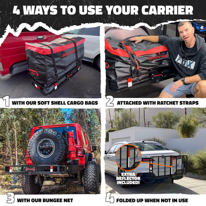 Mockins 48"x18"x6" Folding Trailer Hitch Cargo Carrier & 15 Cu Ft Waterproof Cargo Bag with Packing Cube Set of 4 | Weatherproof 500 Lbs Cap Luggage Rack for SUV Truck Van Car Trailer with Accessories
