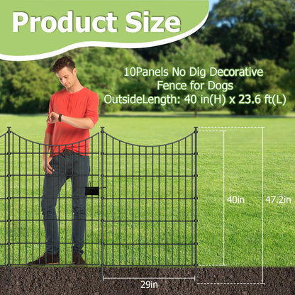 10 Panels Garden Fence Dog Fence Outdoor for Yard, 40in H x 23.6ft L Rustproof Metal Fencing with Ground Stakes | No Dig Animal Proof Containment for Pets/Rabbits | Durable Patio Security Panels