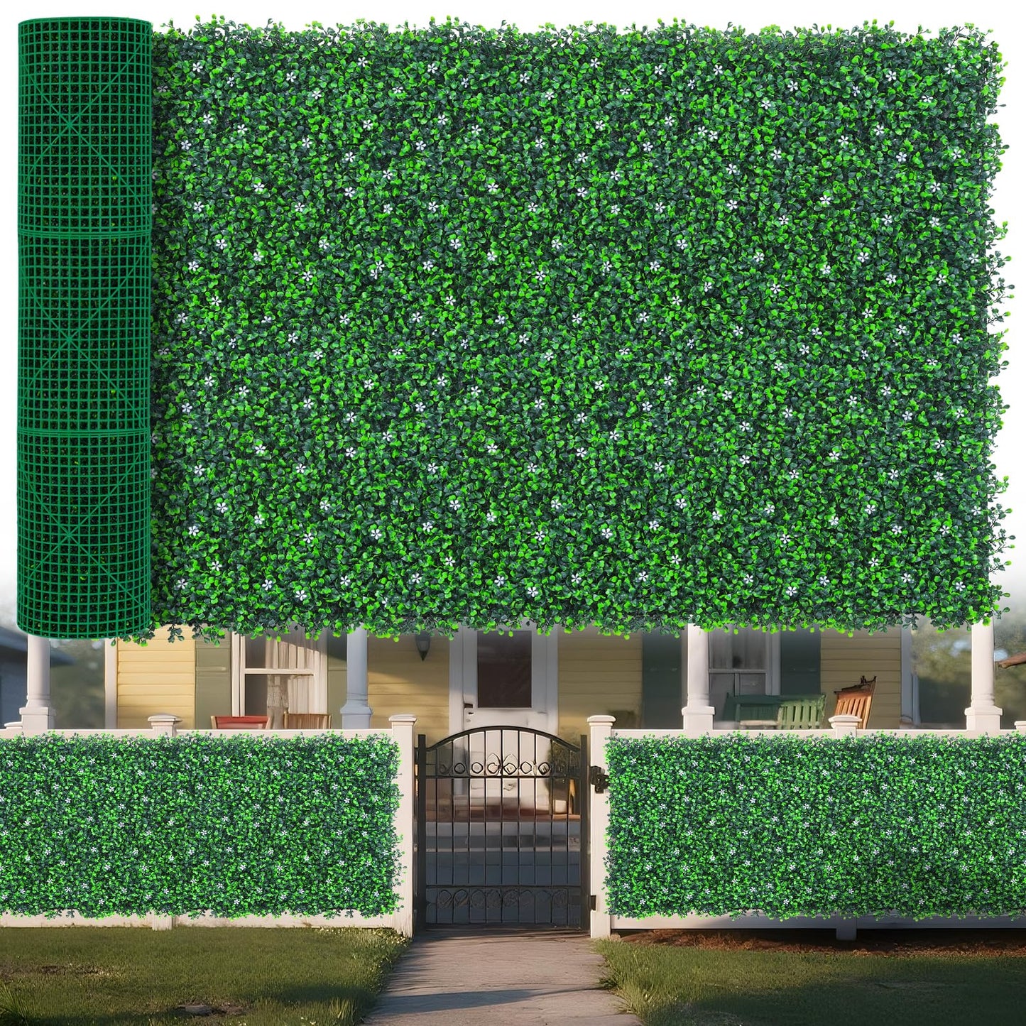 Yangrass Boxwood Roll Panels with White Flower, 48"x120" (40 sqft) Artificial Ivy Privacy Fence Screen, UV-Anti Faux Boxwood Roll Grass Wall Panels for Garden Patio Balcony Decor