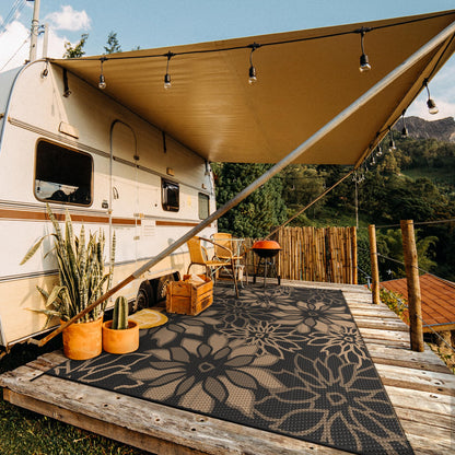 GENIMO Outdoor Rug Waterproof for Patio Decor, 10' x 20' Reversible Plastic Straw Floral Camping Carpet, Large Area Rugs Mats for RV, Camper, Deck, Balcony, Porch, Beach, Picnic, Black & Brown