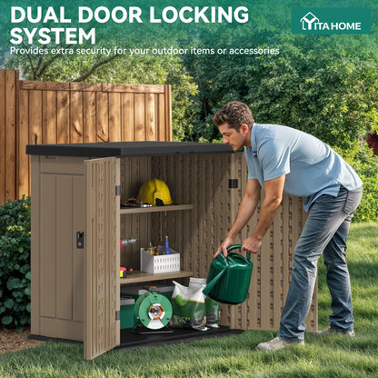 YITAHOME Outdoor Storage Cabinet with 2 Shelves, Waterproof Resin Horizontal Tool Shed, Lockable 15 cu. ft. Storage Shed for Patio, Garden, Yard, Brown
