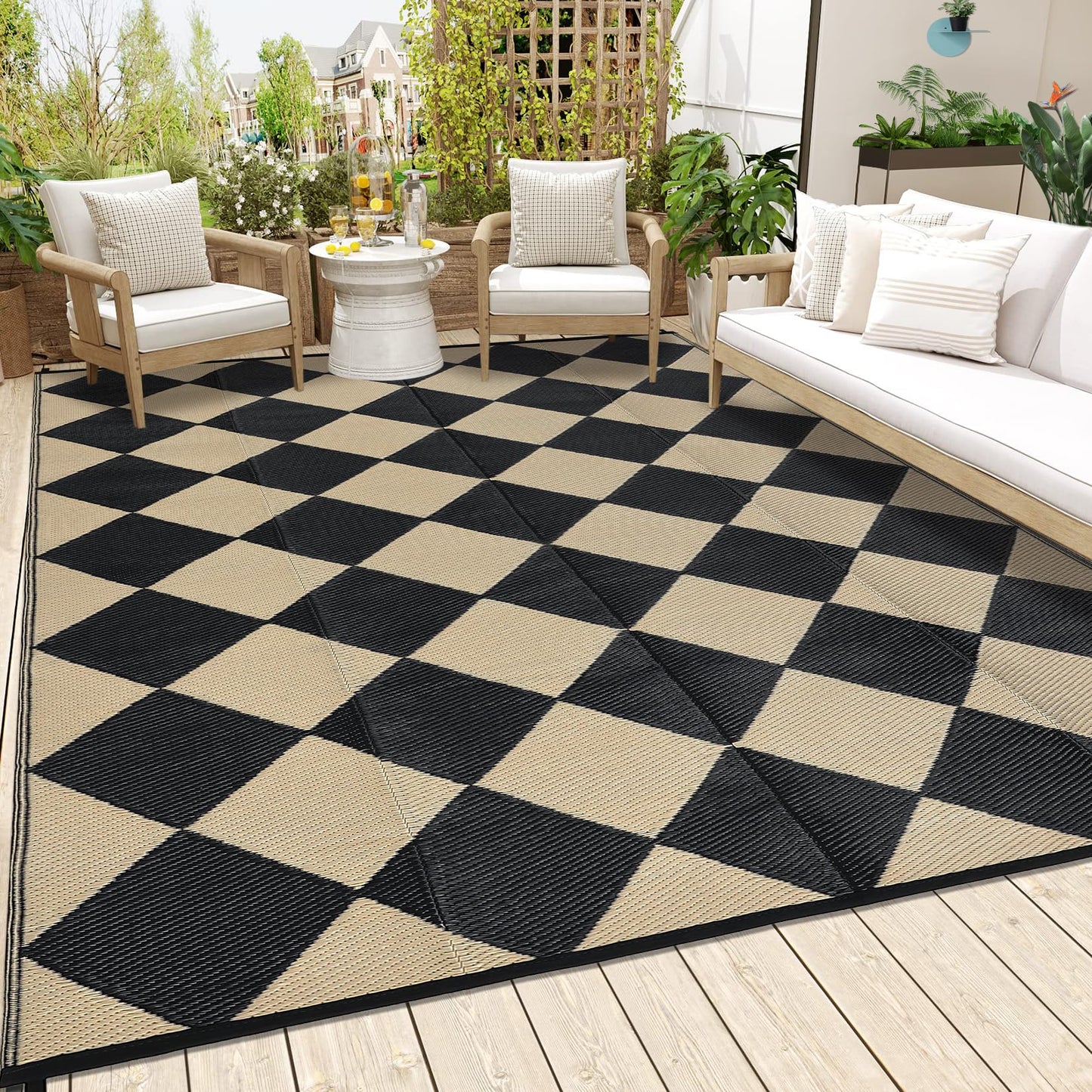 GarveeLife 10x14 Outdoor Rug for Patio Reversible, Plastic Straw Rug Waterproof Camping Rug Portable, Foldable Lightweight Mat for RV, Patio, Backyard, Deck, Picnic, Beach (Black/Offee)