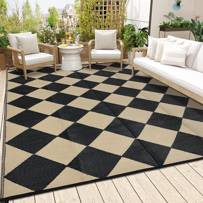 GarveeLife 10x14 Outdoor Rug for Patio Reversible, Plastic Straw Rug Waterproof Camping Rug Portable, Foldable Lightweight Mat for RV, Patio, Backyard, Deck, Picnic, Beach (Black/Offee)