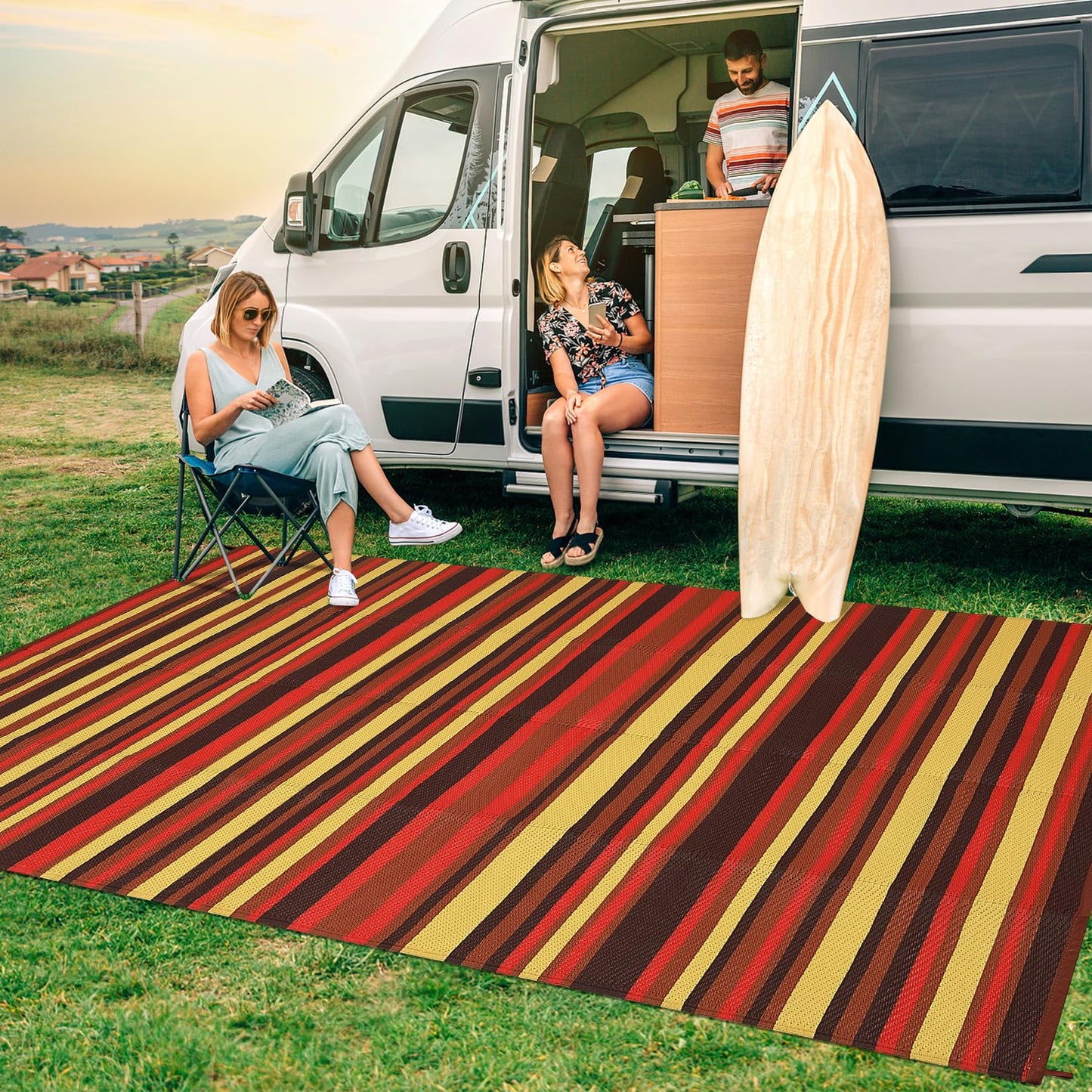 Garvee Outdoor Rug 9x18 Waterproof Outside Carpet for Patio, Reversible Modern Colorful Stripe RV Rug, Durable UV Resistant Deck Mat for Poolside Garden Backyard Balcony