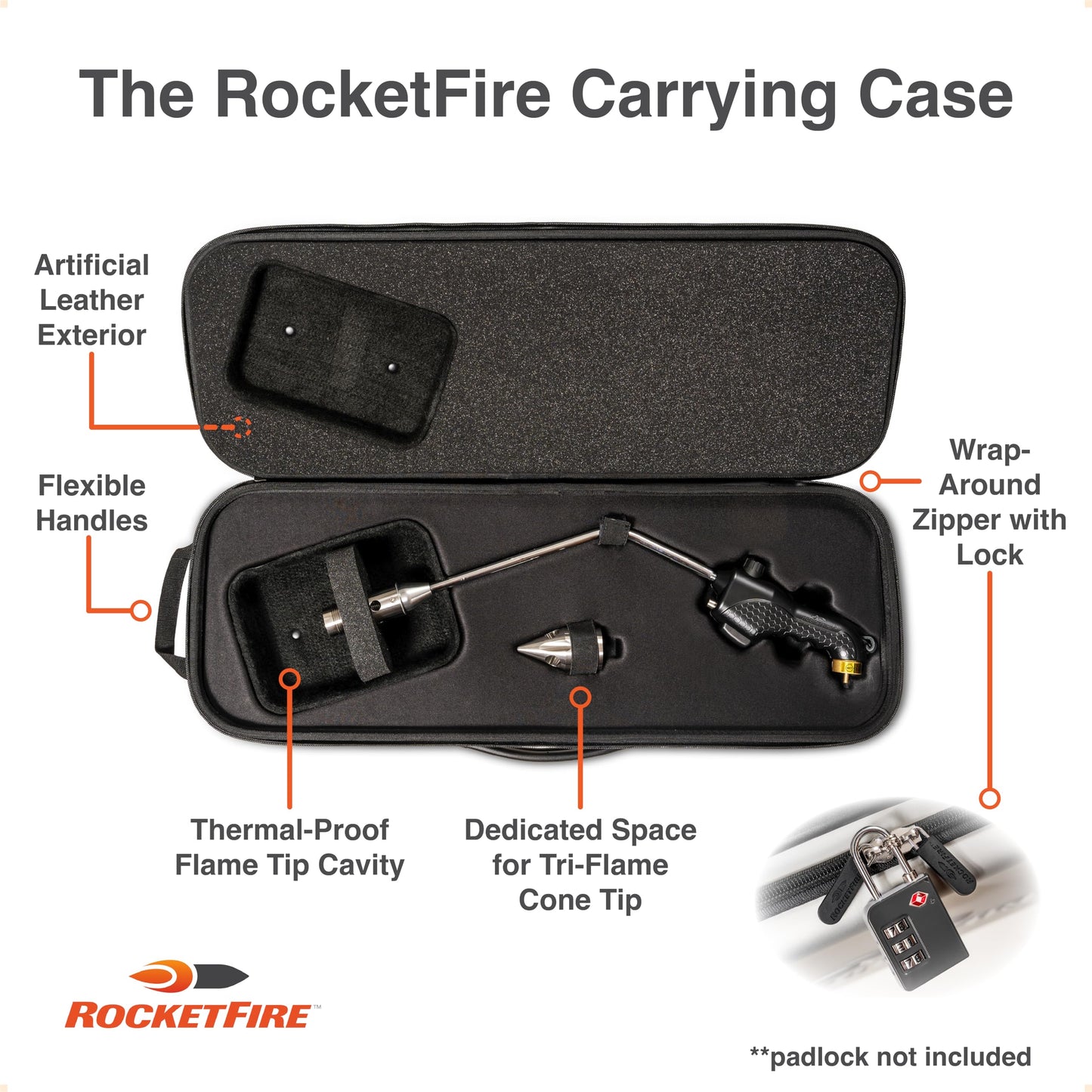 ROCKETFIRE Fire Starter Torch | Perfect Propane Torch Head, Grill Gun, Charcoal Torch | Compatible with Bernzomatic Propane & MAP/PRO Fuels | Tri-Flame Tip | Fuel NOT Included | Case Included | Black