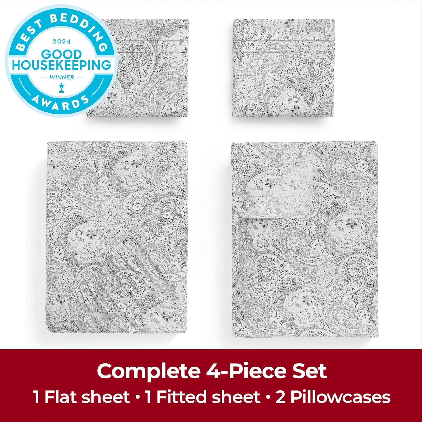 Mellanni Extra Deep Queen Sheets | 4-Piece Hotel Luxury Bedding Set - Ultra Soft, Cooling, Stain Resistant (Paisley Gray)