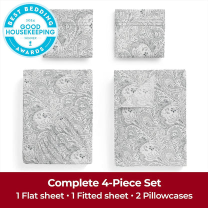 Mellanni Extra Deep Queen Sheets | 4-Piece Hotel Luxury Bedding Set - Ultra Soft, Cooling, Stain Resistant (Paisley Gray)