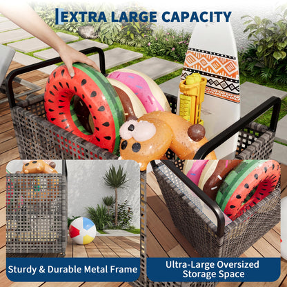 GarveeLife Heavy Duty Poolside Rattan Storage Bin Organizer, Outdoor Rolling Cart with Wheels & 2 Handles, Mesh Ventilated Pool Float Storage Rack for Noodles, Toys, Floats, Balls, Equipment, Brown