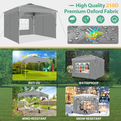 COBIZI Canopy Tent 10x10, Easy Up 10x10 Pop Up Canopy for Party Camping, Party Tents with One Push Central Button Air Vent, Outdoor Gazebo Tent with Sidewalls and Reflective Strip(Grey)