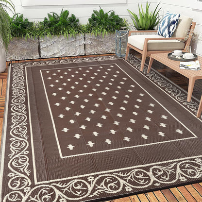 Pauwer Waterproof Outdoor Rug 10x14, Reversible Plastic Straw Patio Camping Rug, Indoor Outdoor RV Mat Carpet for Deck, Camper, Porch, Balcony, Backyard, Picnic, Bordered Brown