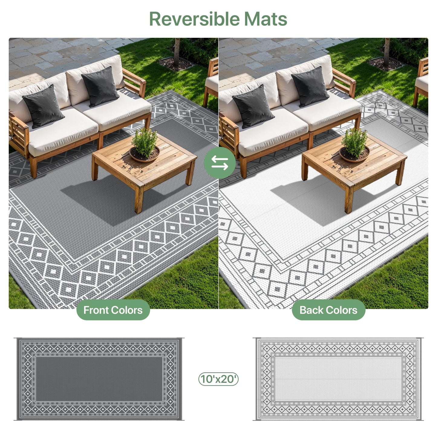 GENIMO Outdoor Rug Waterproof for Patio Decor, 10'x20' Foldable Reversible Plastic Straw Carpet, Outside Area Mat for Rv, Deck, Picnic, Porch, Camper, Balcony, Beach, Grey & White