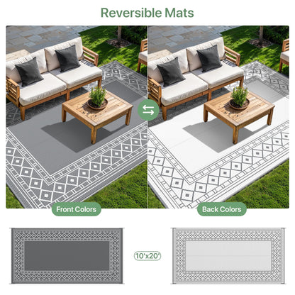 GENIMO Outdoor Rug Waterproof for Patio Decor, 10'x20' Foldable Reversible Plastic Straw Carpet, Outside Area Mat for Rv, Deck, Picnic, Porch, Camper, Balcony, Beach, Grey & White