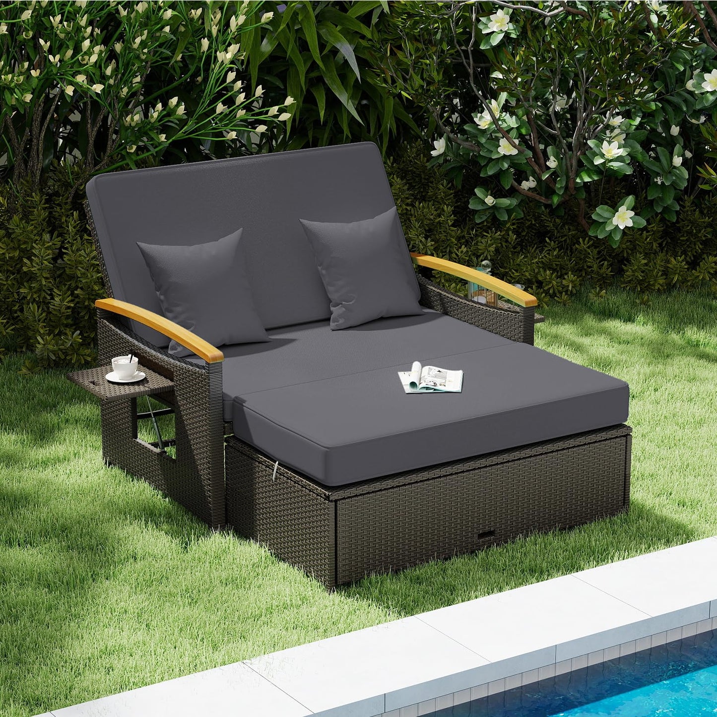 Tangkula Patio Rattan Daybed with 4-Level Adjustable Backrest, Outdoor Wicker Loveseat with Acacia Wood Armrest, Storage Ottoman & Folding Tray, Double Sunbed for Lawn Yard & Poolside, Grey & Brown