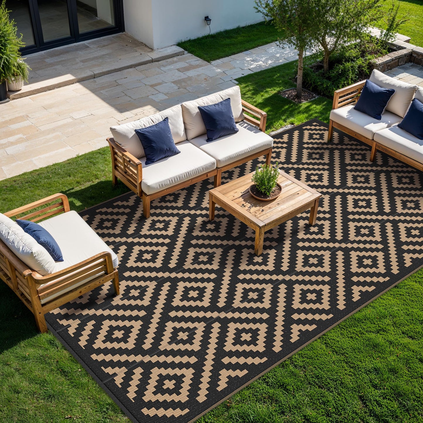 GENIMO Outdoor Rug for Patio Clearance, 8'x16' Waterproof Camping Mat, Reversible Plastic Straw Rugs for RV, Camper, Balcony, Backyard, Picnic, Deck, Black & Brown