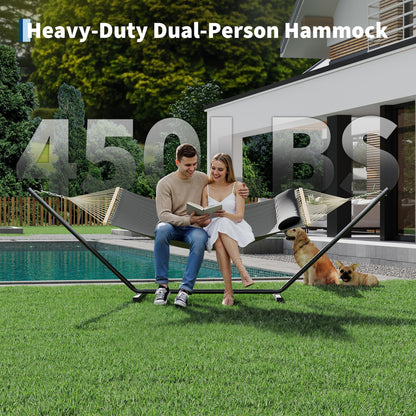 Double Hammock with Stand - Heavy Duty Portable 2 Person Design with Adjustable Steel Stand, Max 450LBS, Ideal for Outdoor Patio, Garden, Beach & Backyard