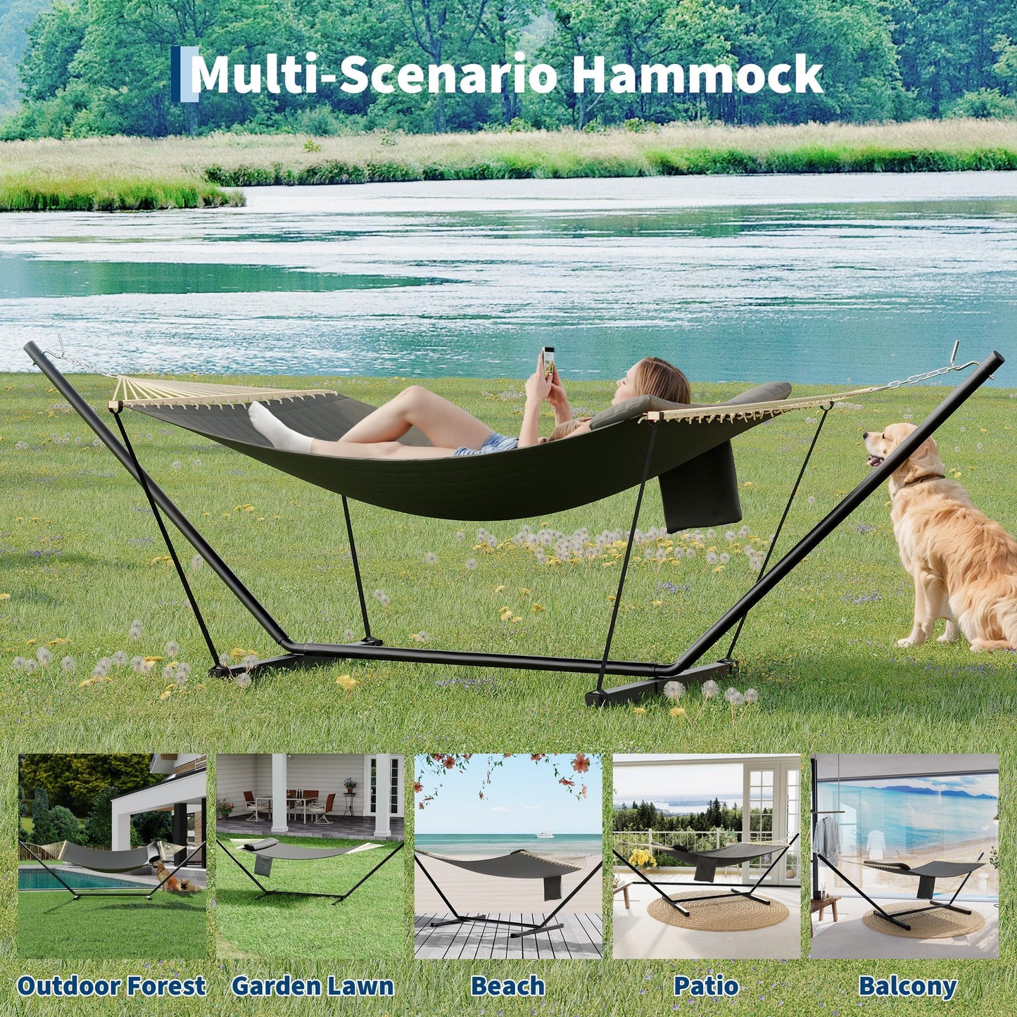Double Hammock with Stand - Heavy Duty Portable 2 Person Design with Adjustable Steel Stand, Max 450LBS, Ideal for Outdoor Patio, Garden, Beach & Backyard