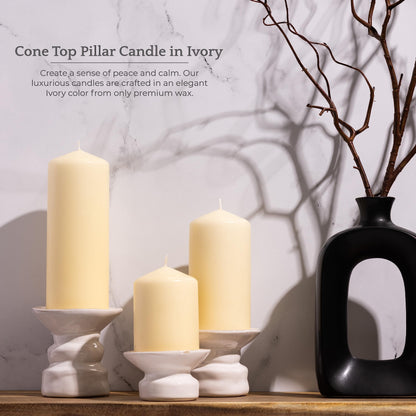 Bask Cone Top Pillar Candles - Elegant Ivory Candles - Set of 3 Ivory Pillar Candles - 3"x4", 3"x6", and 3" x8 - Smokeless and Dripless Decorative Candles for Home Decor and Relaxation