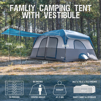 PORTAL Camping Tent, 10 Person Instant Cabin Tent with Rainfly, Large Mesh Windows & Upgraded Ventilation, Portable Big Tents with Carry Bag for Family Outdoor, Backpacking, Hiking, Blue