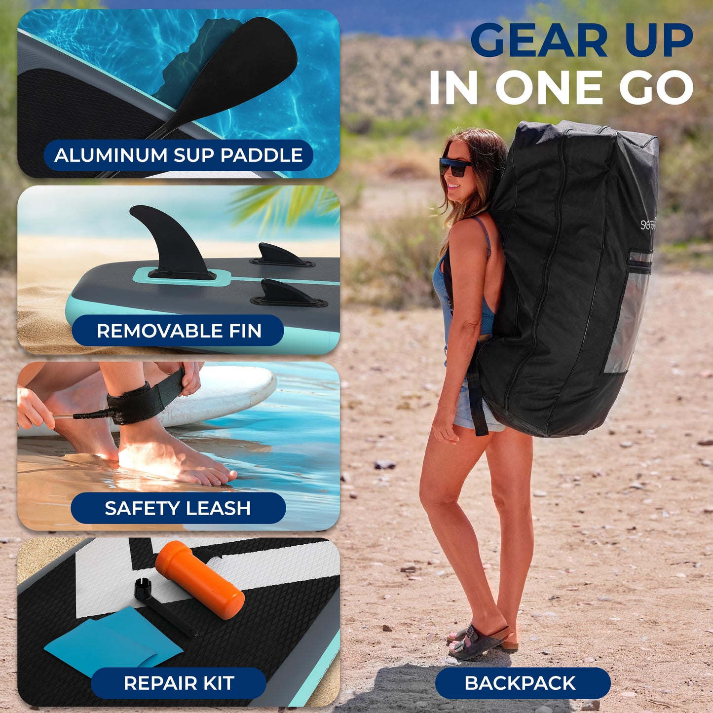 SereneLife 10’6” Inflatable Stand Up Paddle Board with Premium SUP Accessories - 33” Wide Stable Design with Non-Slip EVA Deck Pad for Youth and Adults, 350 lbs. Capacity