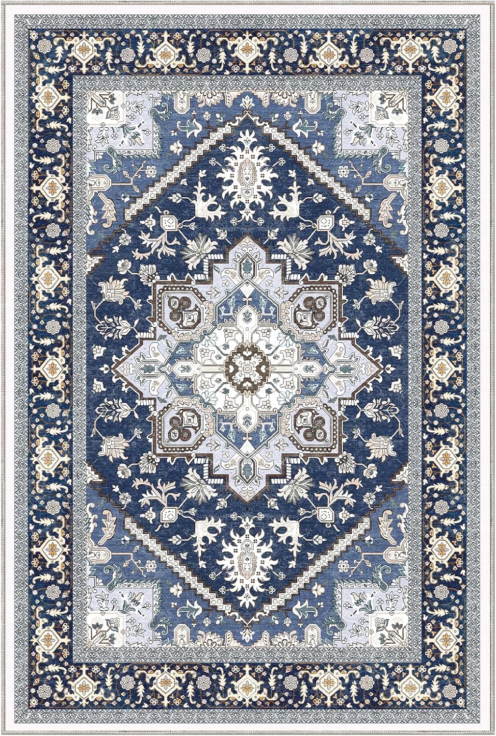OPPODREAM Soft Area Rug - 5x7 Washable Faux Cashmere Carpet with Non-Slip Backing | Navy Blue & Gold