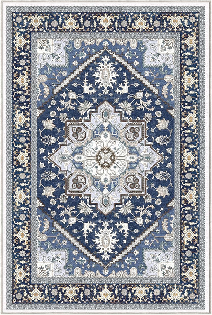 OPPODREAM Soft Area Rug - 5x7 Washable Faux Cashmere Carpet with Non-Slip Backing | Navy Blue & Gold