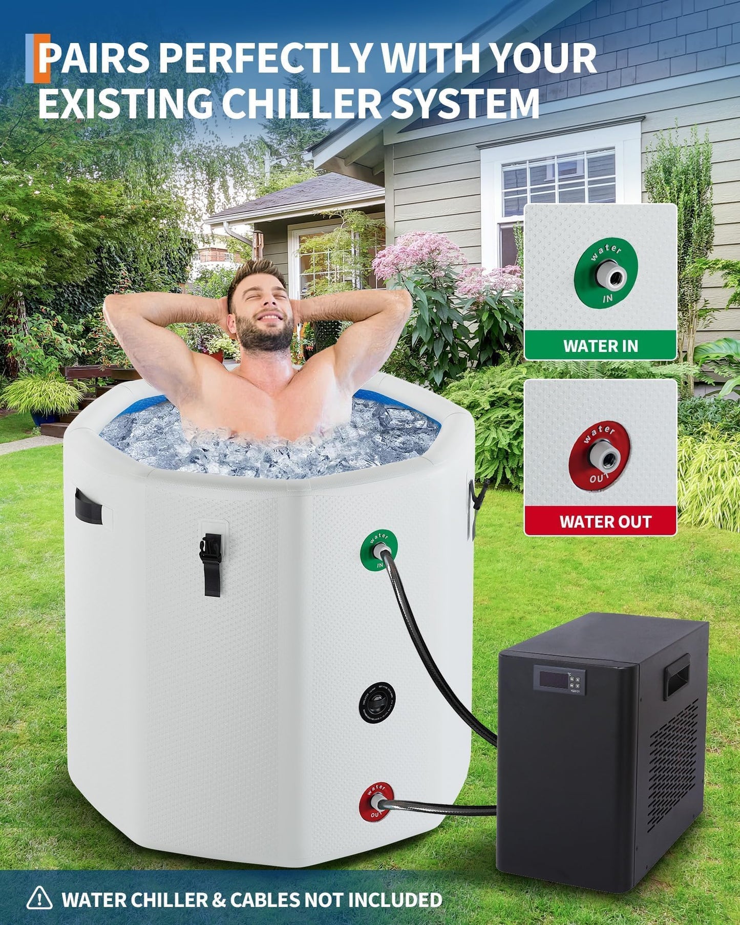 GarveeTech Ice Bath Tub for Athletes, Compatible with Water Chillers, 186Gallon Inflatable Cold Plunge Tub with Insulated Lid, Portable Cold Water Therapy Ice Pod for Recovery (White-Blue, 186Gallon)