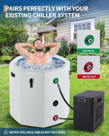 GarveeTech Ice Bath Tub for Athletes, Compatible with Water Chillers, 186Gallon Inflatable Cold Plunge Tub with Insulated Lid, Portable Cold Water Therapy Ice Pod for Recovery (White-Blue, 186Gallon)
