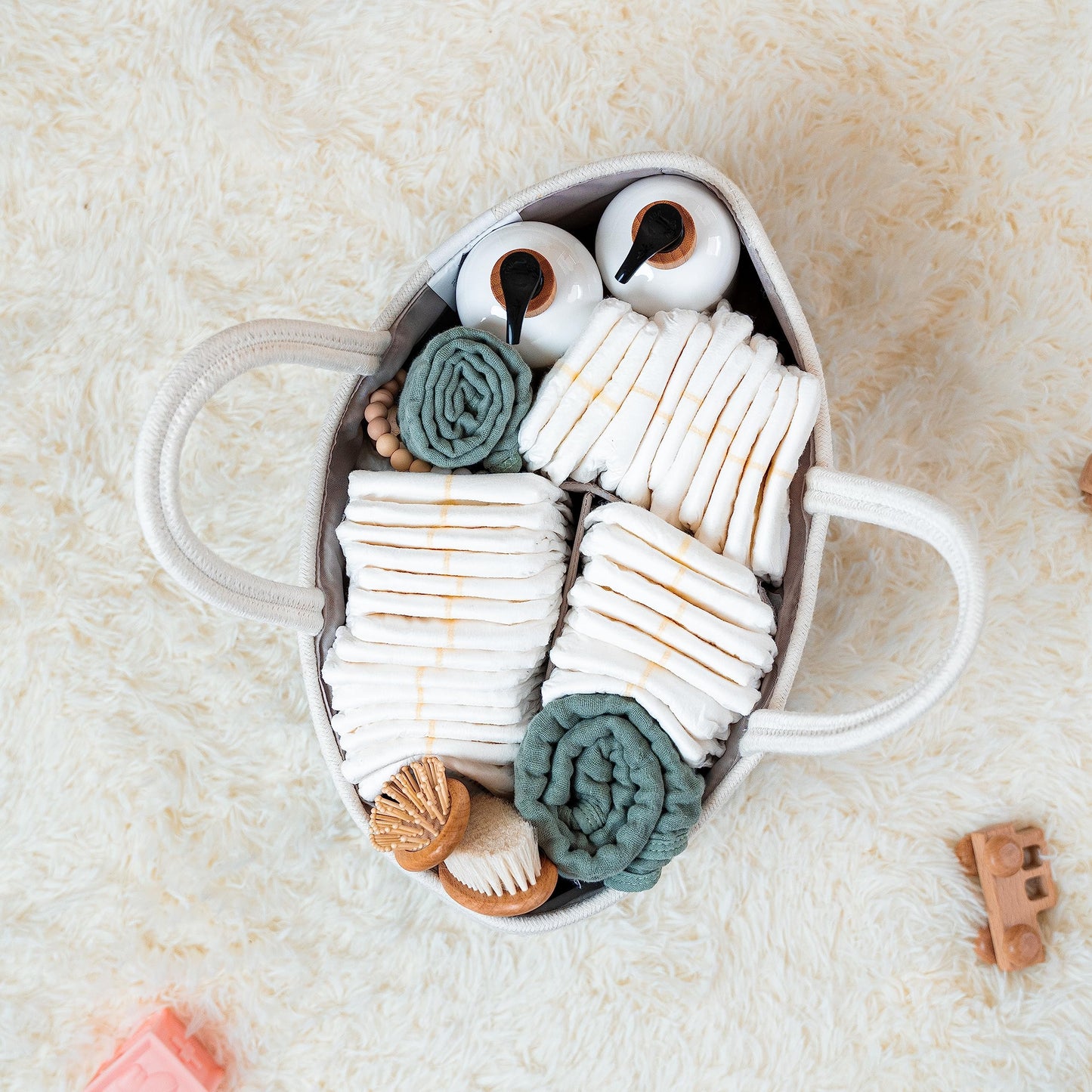 Comfy Cubs Rope Diaper Caddy Organizer 8.5" x 15" x 8" - Large Baby Diaper Basket with 3 Spacious Compartments - Stylish Cotton Baby Caddy Organizer for Diapers, Wipes & Essentials - Sage