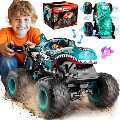 BEZGAR Monster Truck Toys - Remote Control Monster Truck with Light &amp Music Dinosaur Toys for Kids 1:20 Scale RC Truck with 360° Spins and Drifting Remote Control Car for Boys 4-7 Blue