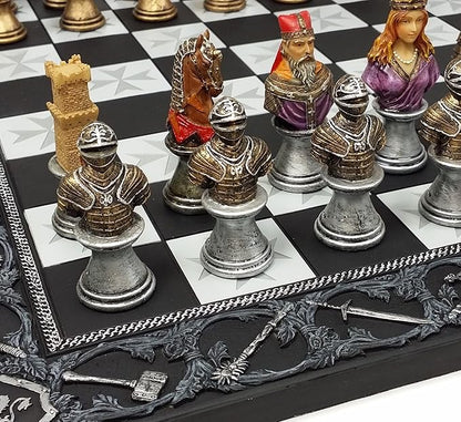 HPL Medieval Times Crusades Color Painted Busts Knights Chess Set with 17 Maltese Board