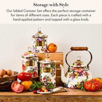 MACKENZIE-CHILDS Enamel Canisters, Versatile Kitchen Storage Containers, Small (38 oz.), Medium (48 oz.), and Large (64 oz.), Set of 3, White Flower Market