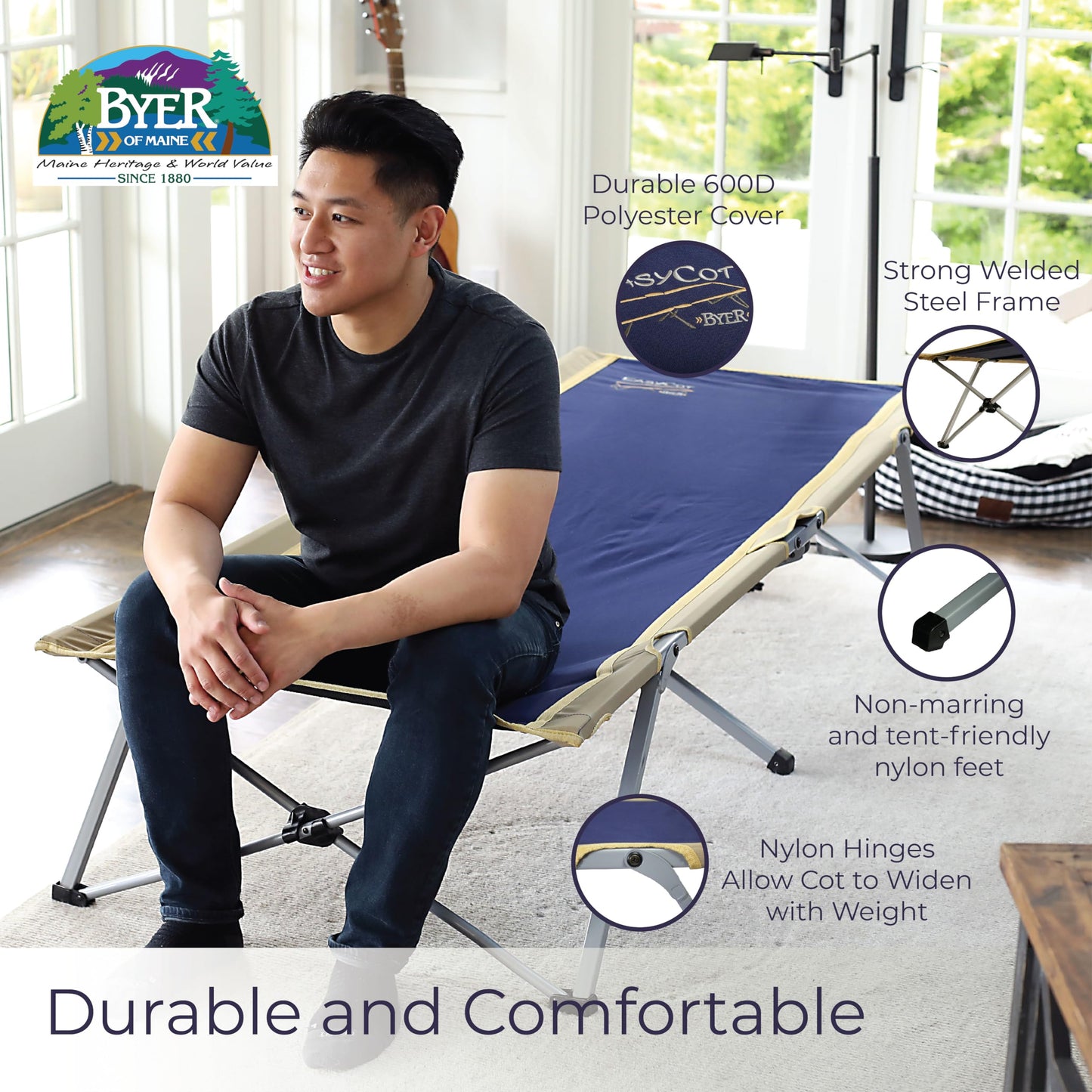 BYER OF MAINE Easy Cot - Extra Large Folding Cot - Heavy Duty for Indoor and Outdoor Use - Bed for Adults - 78”L X 31”W X 18”H - 330 lb Capacity