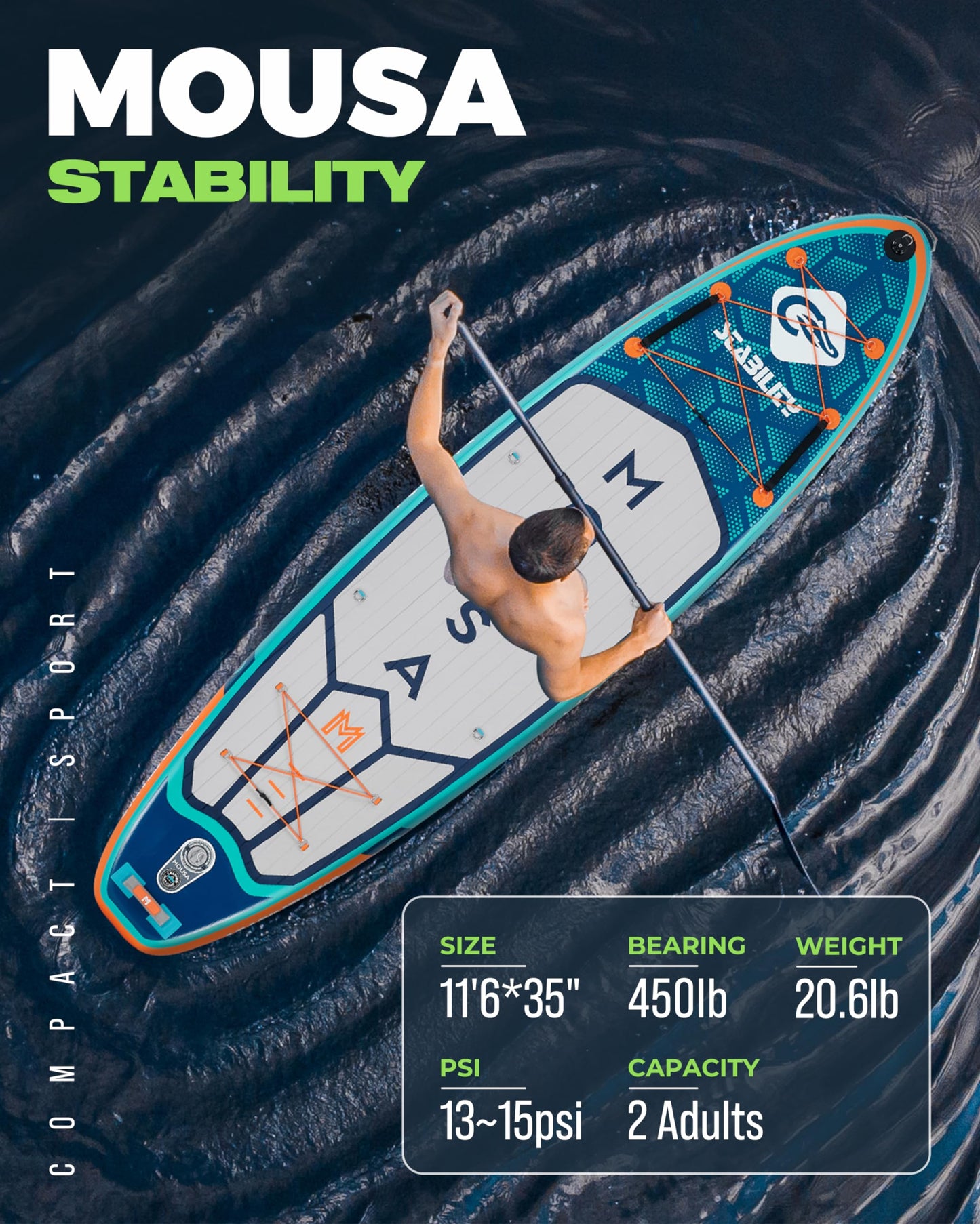 MOUSA 11'6''×35" Extra Wide Inflatable Stand Up Paddle Board, Stable Long SUP for 2 People/Family, Shoulder Strap, 5 Handles, 100L Backpack, All-Round Sup Board, Removeable Big Fin
