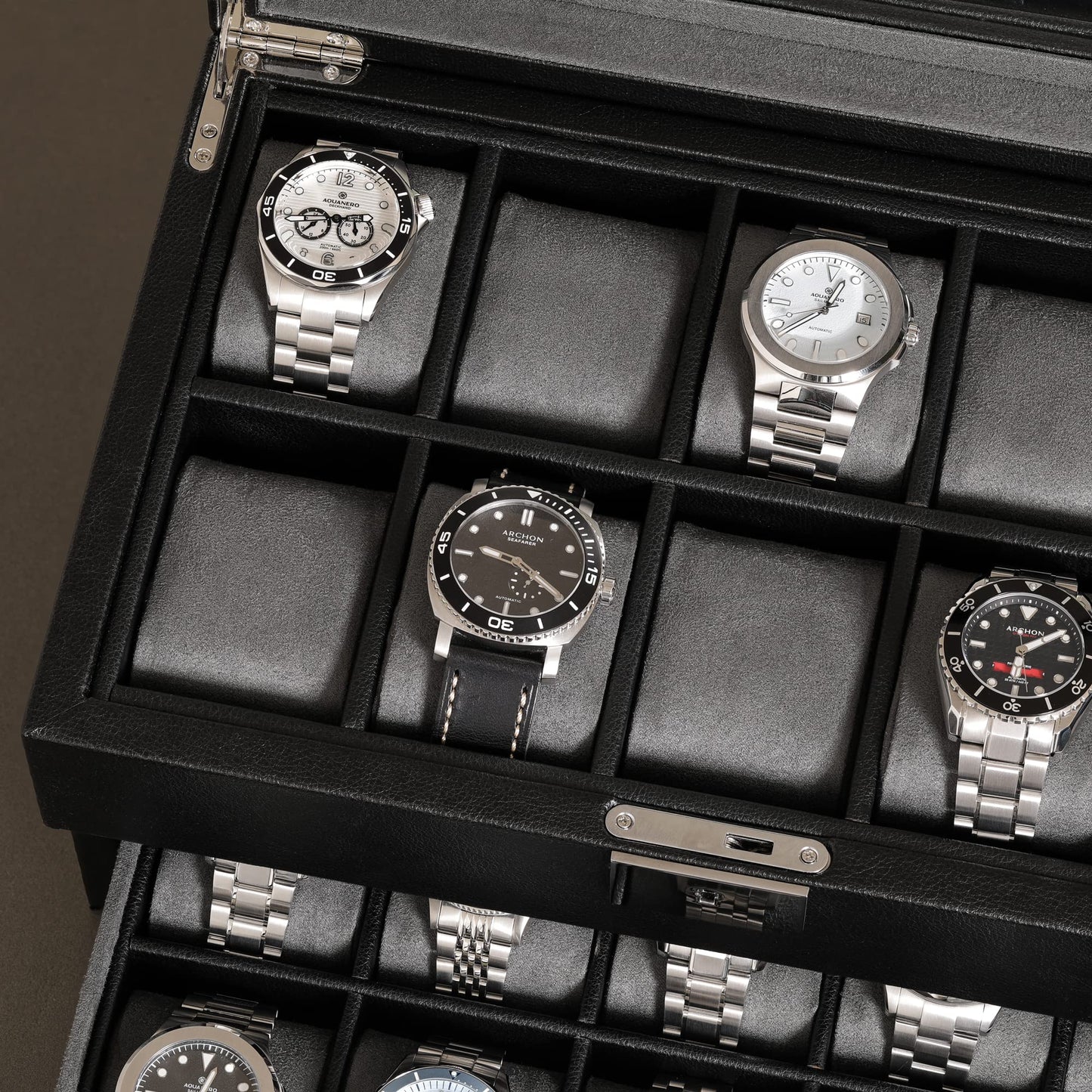 ROTHWELL 20 Slot Leather Watch box - Luxury Case Display Jewelry Organizer, - Locking Display Case Holder with Large Real Glass Top - Watch Box Organizer for Men and Women (Black/Grey)