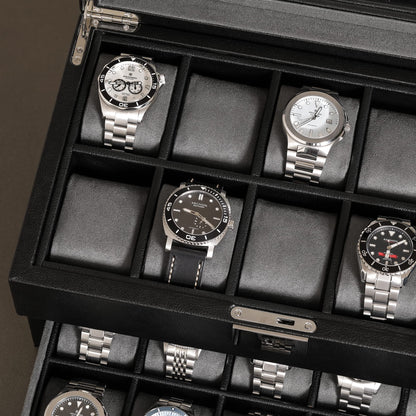 ROTHWELL 20 Slot Leather Watch box - Luxury Case Display Jewelry Organizer, - Locking Display Case Holder with Large Real Glass Top - Watch Box Organizer for Men and Women (Black/Grey)