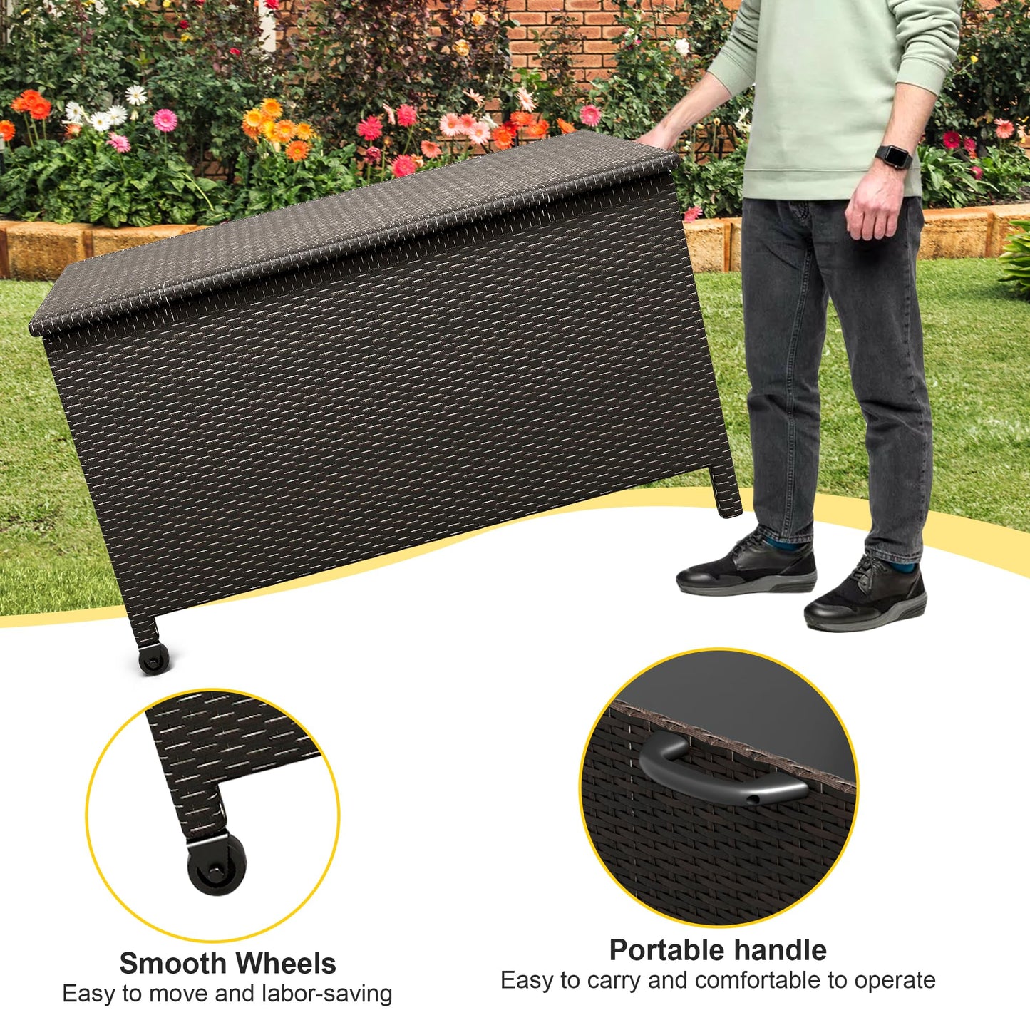 Large Deck Box Waterproof PE Rattan Outdoor Storage Box with Handles and Wheels, Storage Bin for Garden, Balcony, Porch, Pool, Yard (Brown, 125 Gallon)