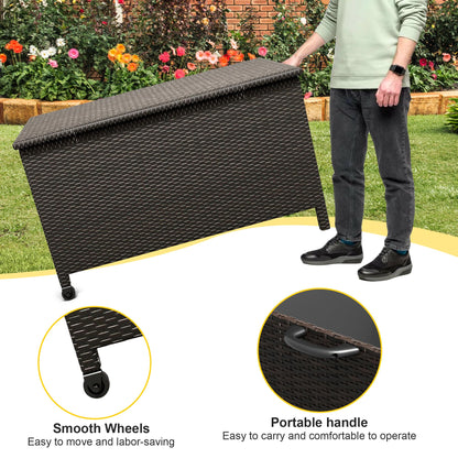 Large Deck Box Waterproof PE Rattan Outdoor Storage Box with Handles and Wheels, Storage Bin for Garden, Balcony, Porch, Pool, Yard (Brown, 125 Gallon)