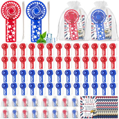 Rossesay 50 Set 4th of July Mini Portable Fans Red White Blue Patriotic Handheld Fans Bulk with Thank You Cards Organza Bags for Summer Independence Day Party Favors, Battery Not Include