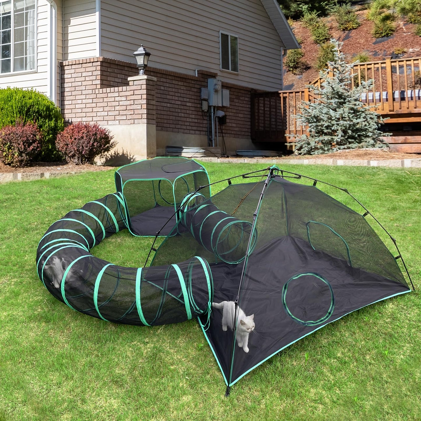 Pawtenda Cat Tents for Outside, Green Outdoor Cat Enclosures, Foldable Pet Playpen with Tunnels for Outside, Portable 4-in-1 Catio Including 2 Tents and 2 Tunnels
