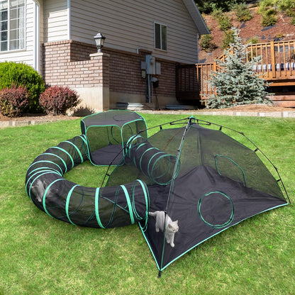 Pawtenda Cat Tents for Outside, Green Outdoor Cat Enclosures, Foldable Pet Playpen with Tunnels for Outside, Portable 4-in-1 Catio Including 2 Tents and 2 Tunnels