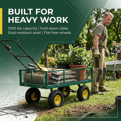 Finnhomy Heavy Duty 1000 Lbs Capacity Mesh Steel Garden Cart, Pullable Garden Wagons Carts on Wheels, Folding Utility Wagon with Removable Sides for Outdoor, Yard, Lawn, Green