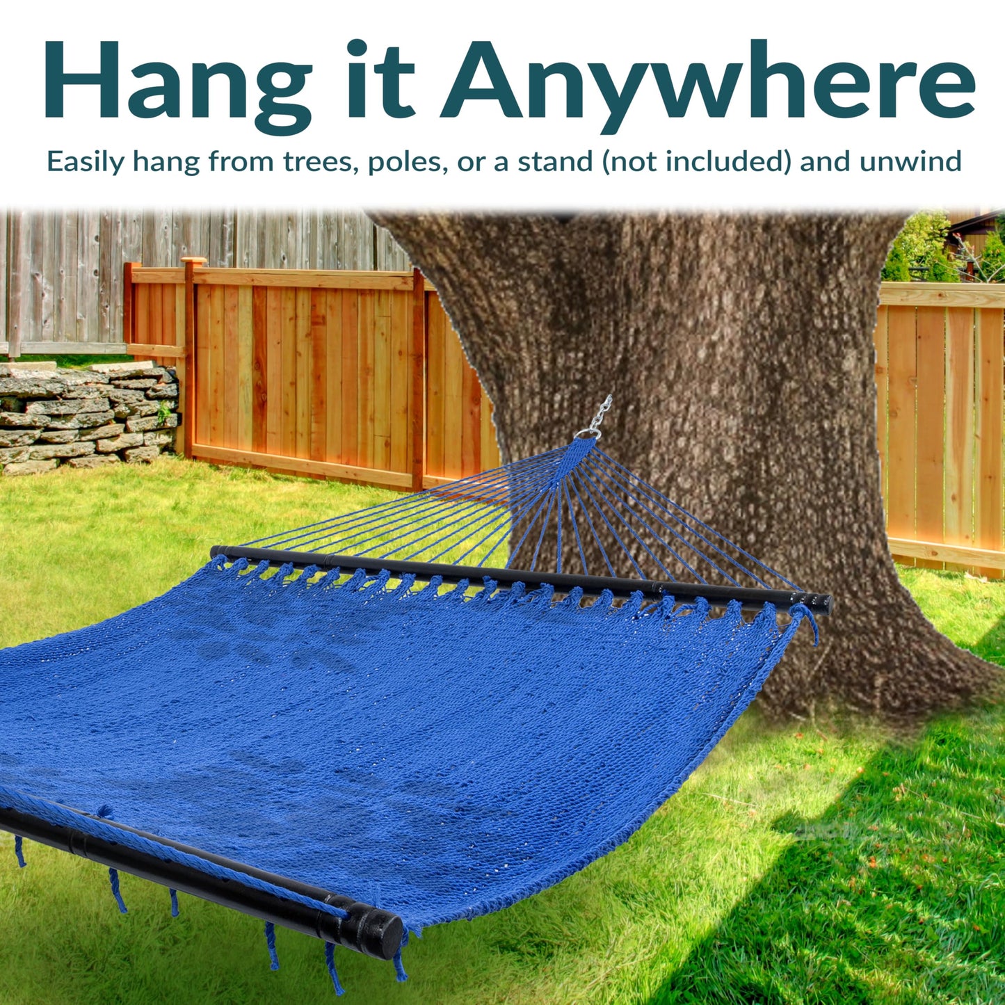 Sunnydaze Soft-Spun Polyester Rope Double Hammock for Outside - 600-Pound Weight Capacity Extra Large Hammock - Blue