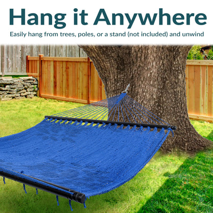 Sunnydaze Soft-Spun Polyester Rope Double Hammock for Outside - 600-Pound Weight Capacity Extra Large Hammock - Blue