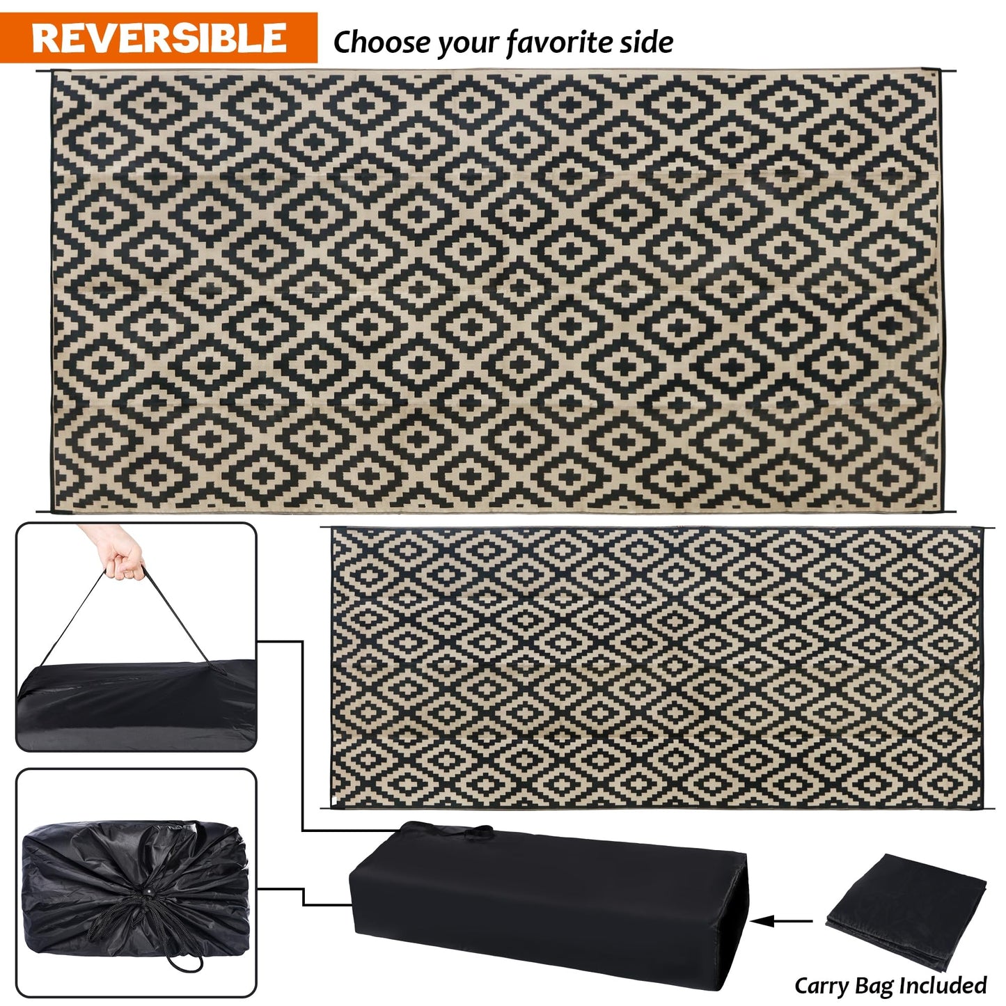 SAND MINE Waterproof Outdoor Rug 10x20 ft, Plastic Reversible Rug, Modern Area Rug, Large Floor Mat for Outdoors, RV, Patio, Backyard, Deck, Picnic, Beach, Camping, Black & Beige