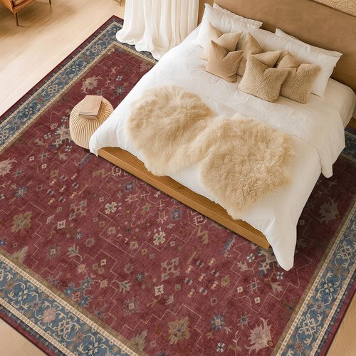 Hazo Haus Oriental Area Rug - Large 7x10 Burgundy Soft Non-Slip Design for Bedroom & Living Room