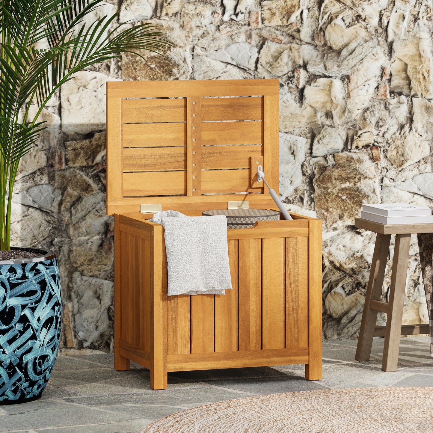 Christopher Knight Home Kensy Acacia Wood Outdoor Storage Box, 30 Gallons Wooden Patio Deck Box, Garden Backyard Storage Bench, Outdoor Storage Container for Patio Furniture Cushion, Tool, Teak Finish
