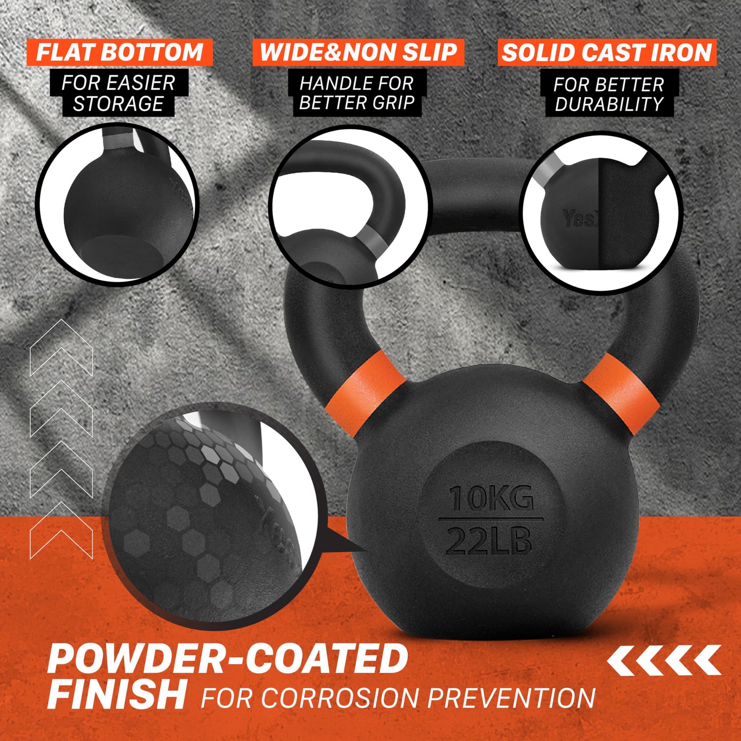 Yes4All Powder Coated Kettlebell, Cast Iron Core Kettlebells with Non-Slip Handle & Flat Bottom for Conditioning, Heavy Duty for Strength Training, 9lb to 71lb - Single & Pair